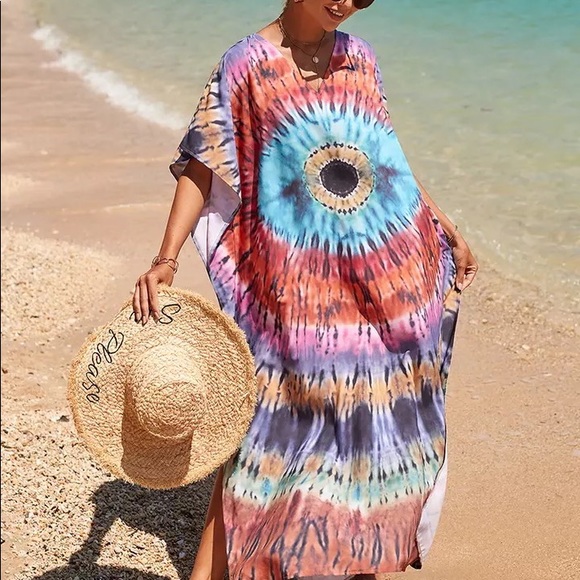 Boho Eye Tie Dye OverSized Maxi Beach Kaftan Dress Beach Coverup - Picture 4 of 6